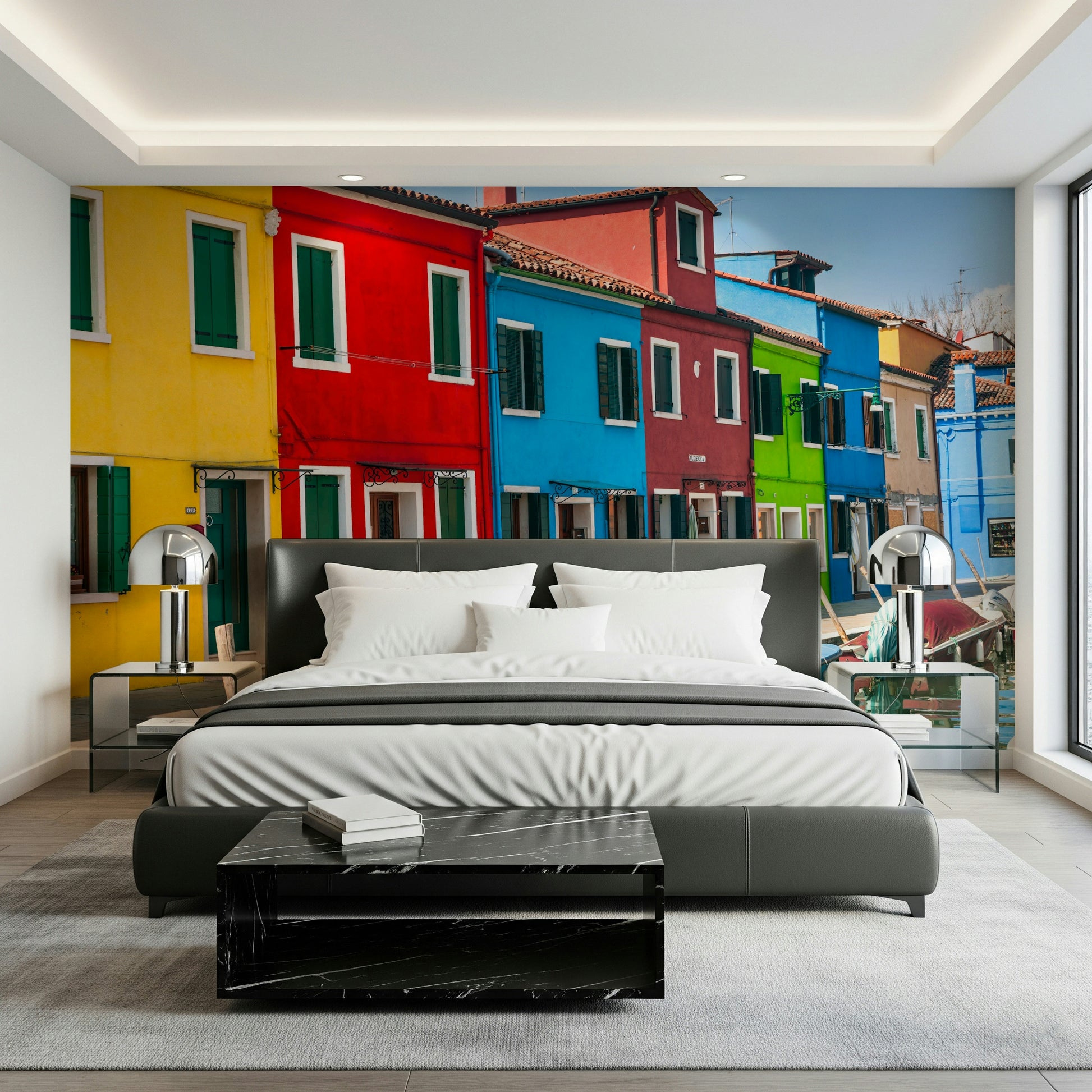 Multicolored Burano product, contrasting house colors, stunning architectural image.