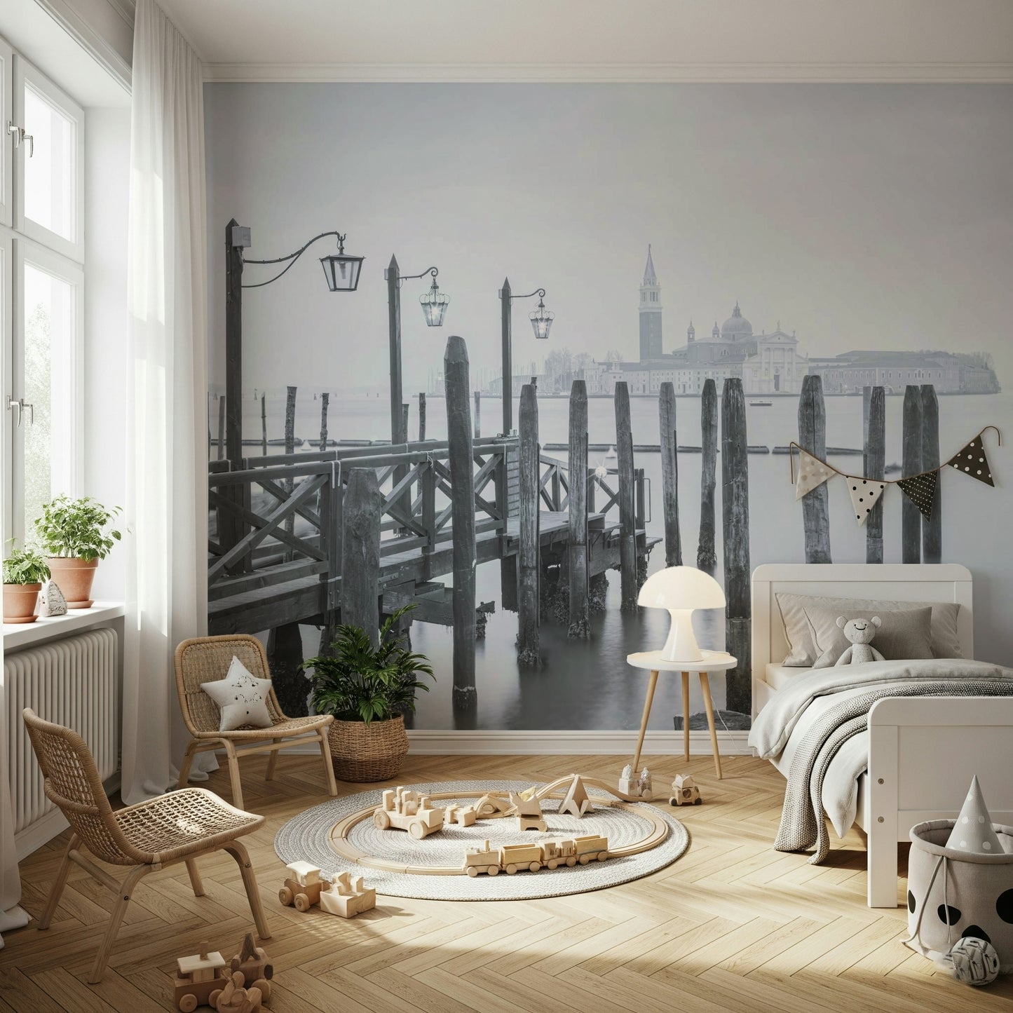 Venetian Stillness wallpaper, black white photo, calm lagoon view.