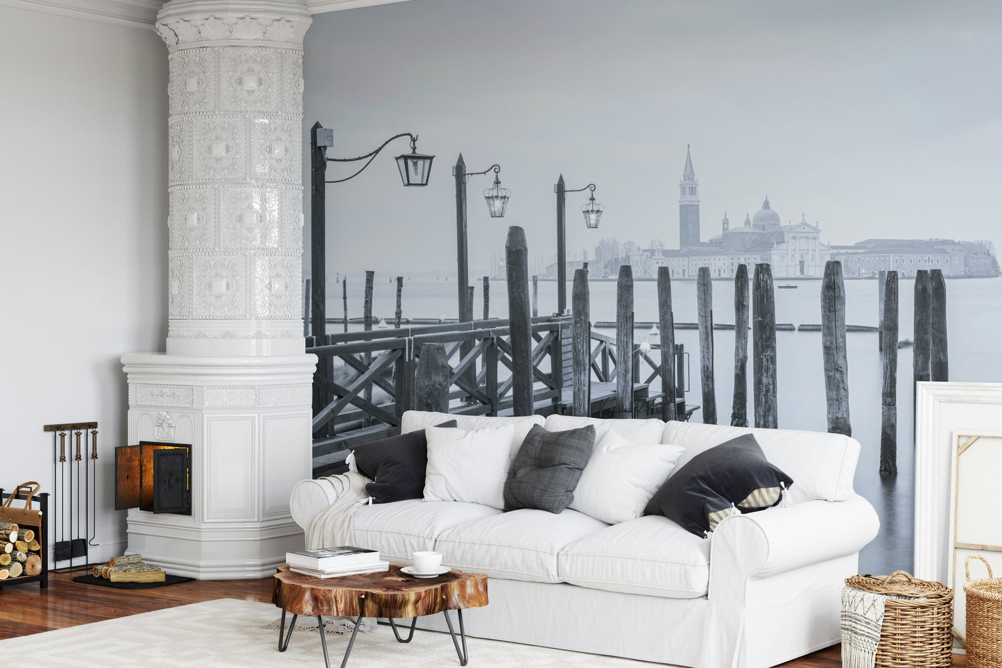 Black white wall mural, San Giorgio Maggiore church, historic pillars, Venetian Stillness.