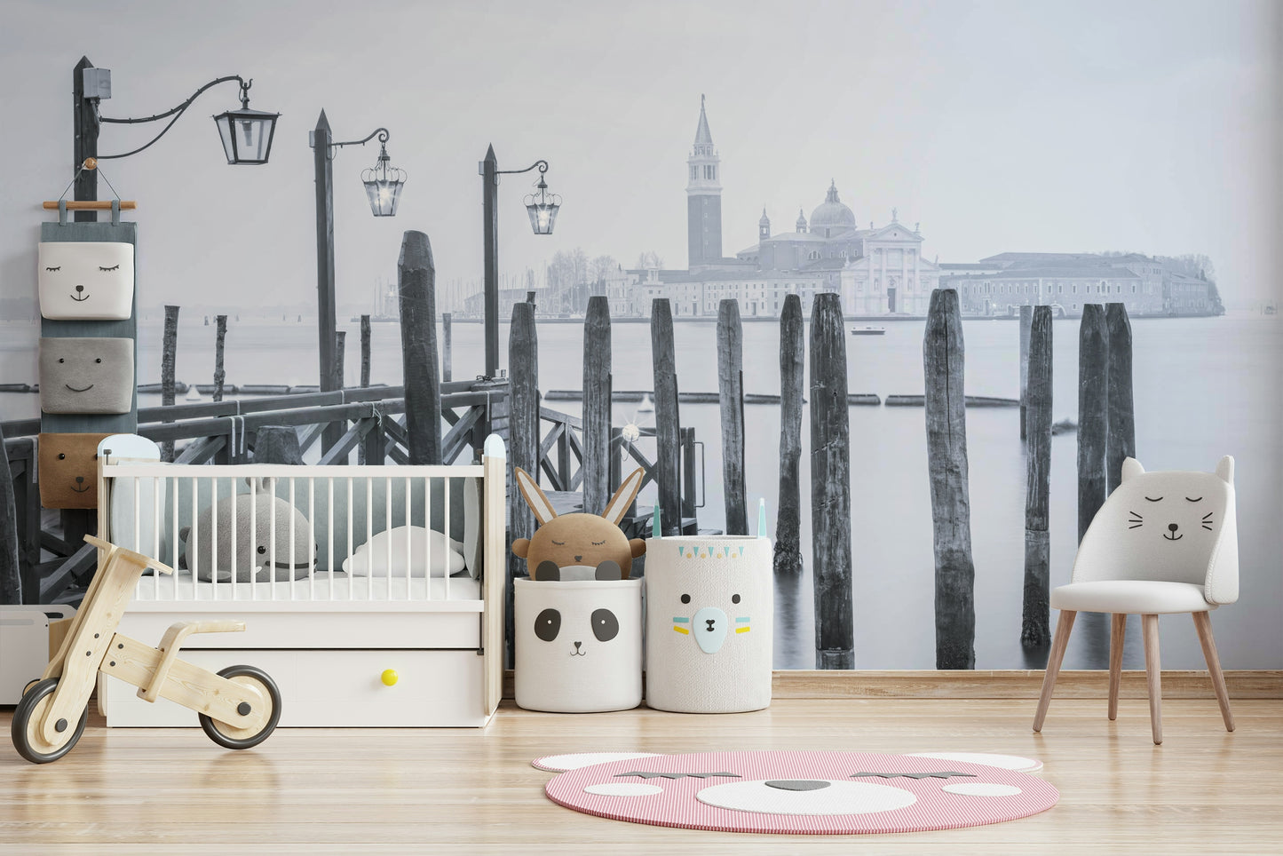 Monochromatic wall mural, ancient wooden pier, hazy city skyline, Venetian Stillness.