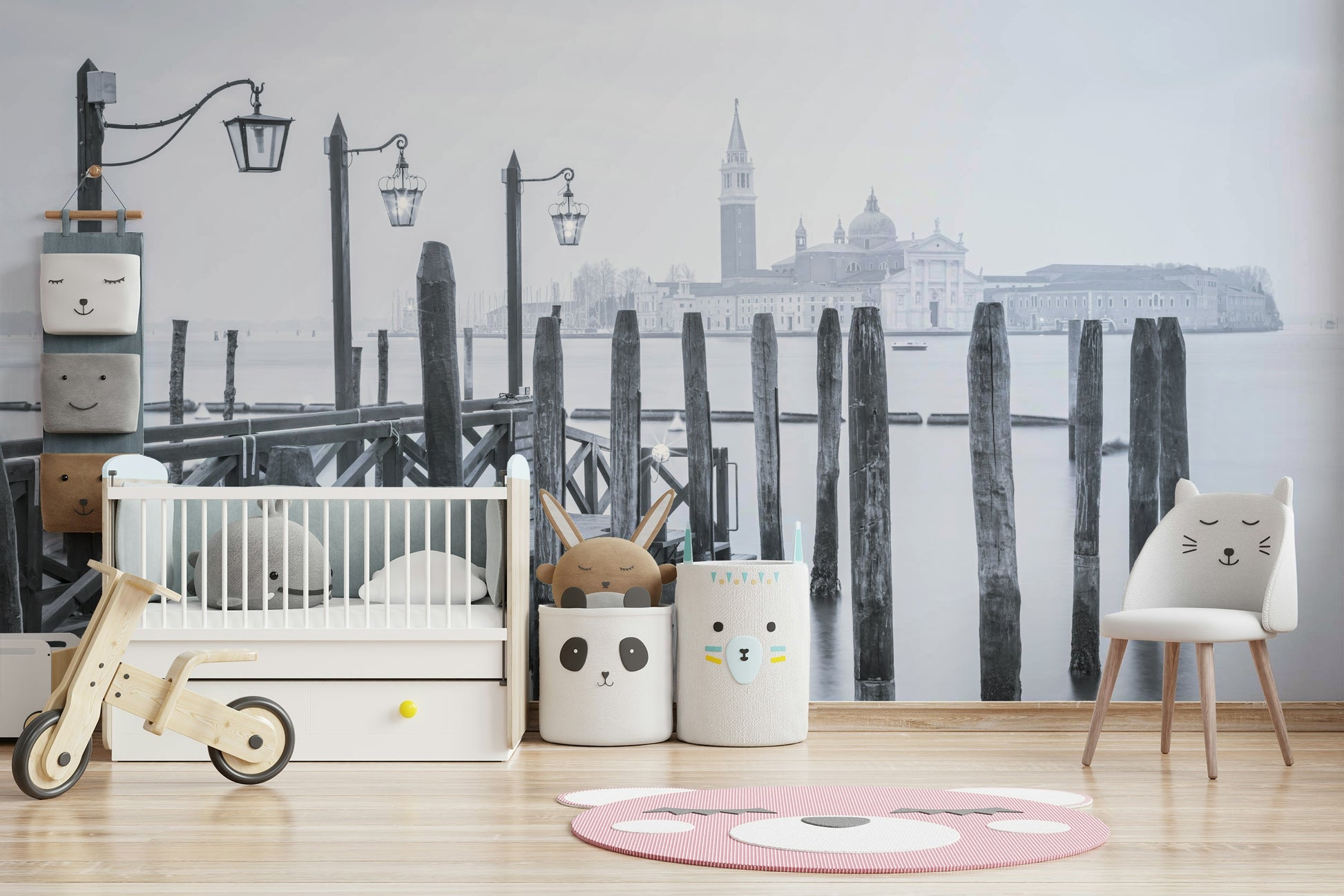 Monochromatic wall mural, ancient wooden pier, hazy city skyline, Venetian Stillness.