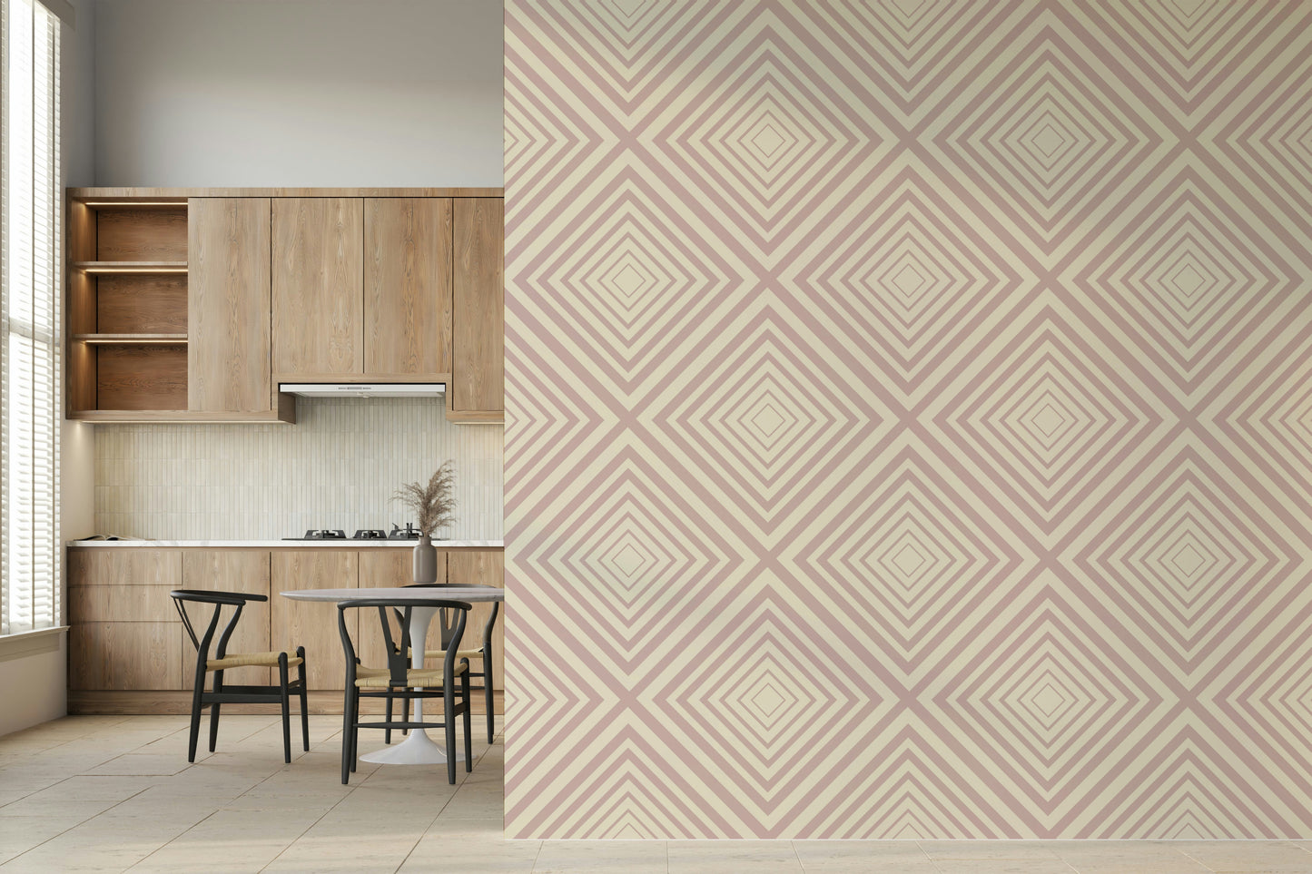 Muted pink and cream colors define Angled Stripes for walls.