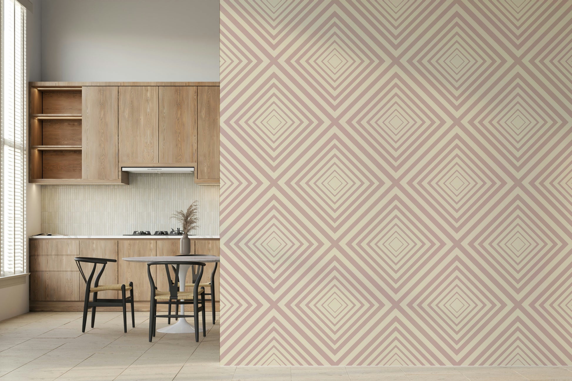 Muted pink and cream colors define Angled Stripes for walls.