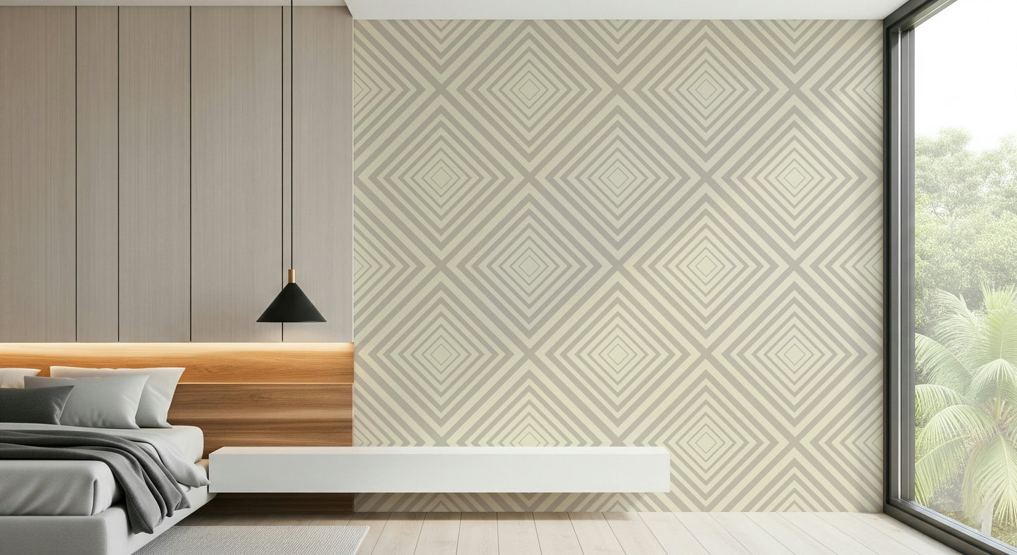 Minimalist Chevron print, soft cream background, sharp V shape formation.