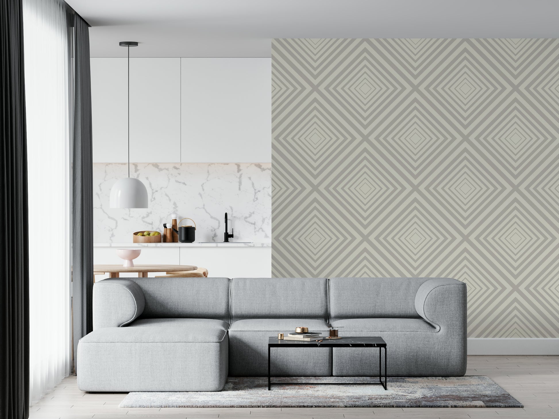 Simple geometric wall covering, beige line pattern, sophisticated texture effect.