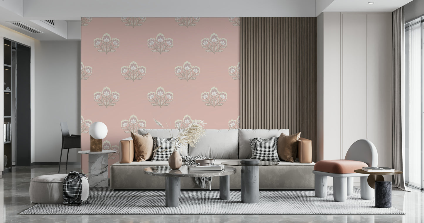 Blush Blooms print, subtle beige leaves, romantic bedroom wallpaper selection.