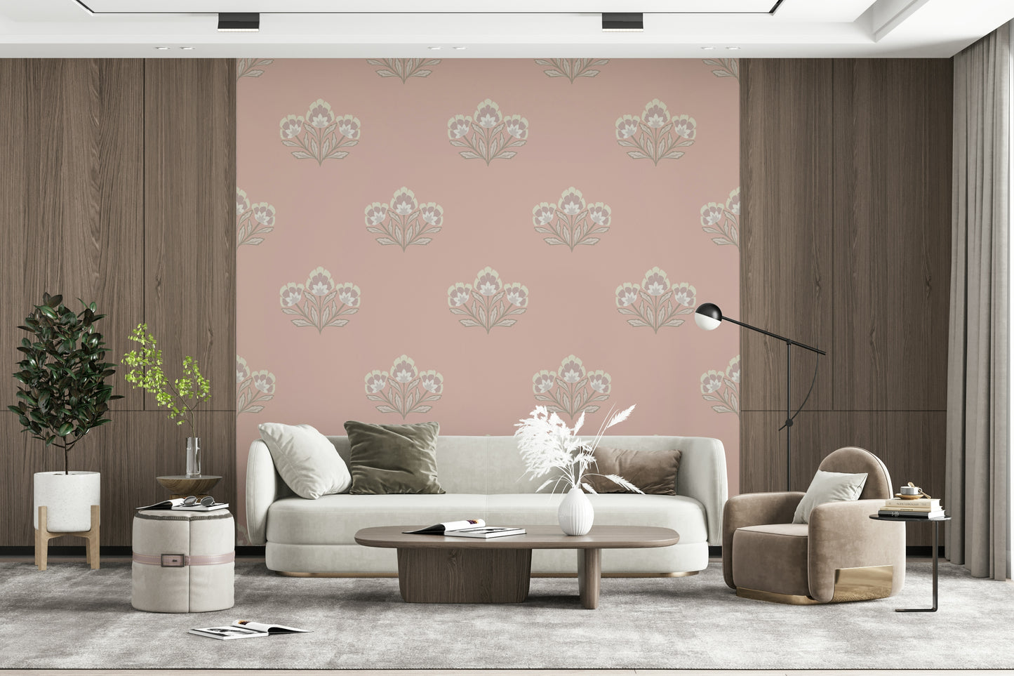 Decorative powder pink wallpaper, vintage inspired artwork, sweet interior design.