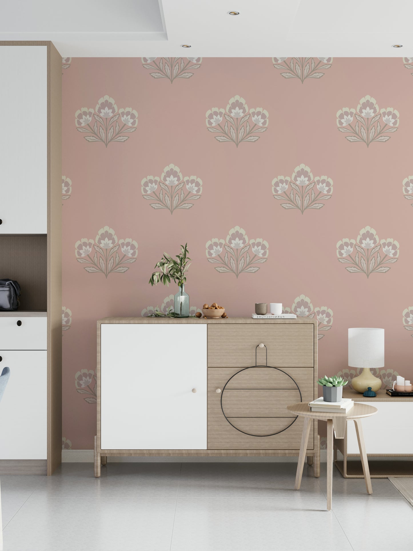 Gentle pink floral cluster, creamy accents, sophisticated wall mural creation.