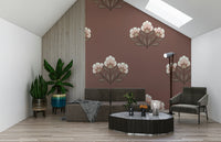 Earthy Pink wallpaper for walls, detailed flower clusters, brown backdrop.