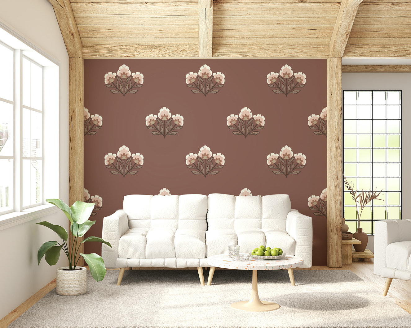 Blossom Earthy wall mural, stylish motif, subtle pink flower pattern.