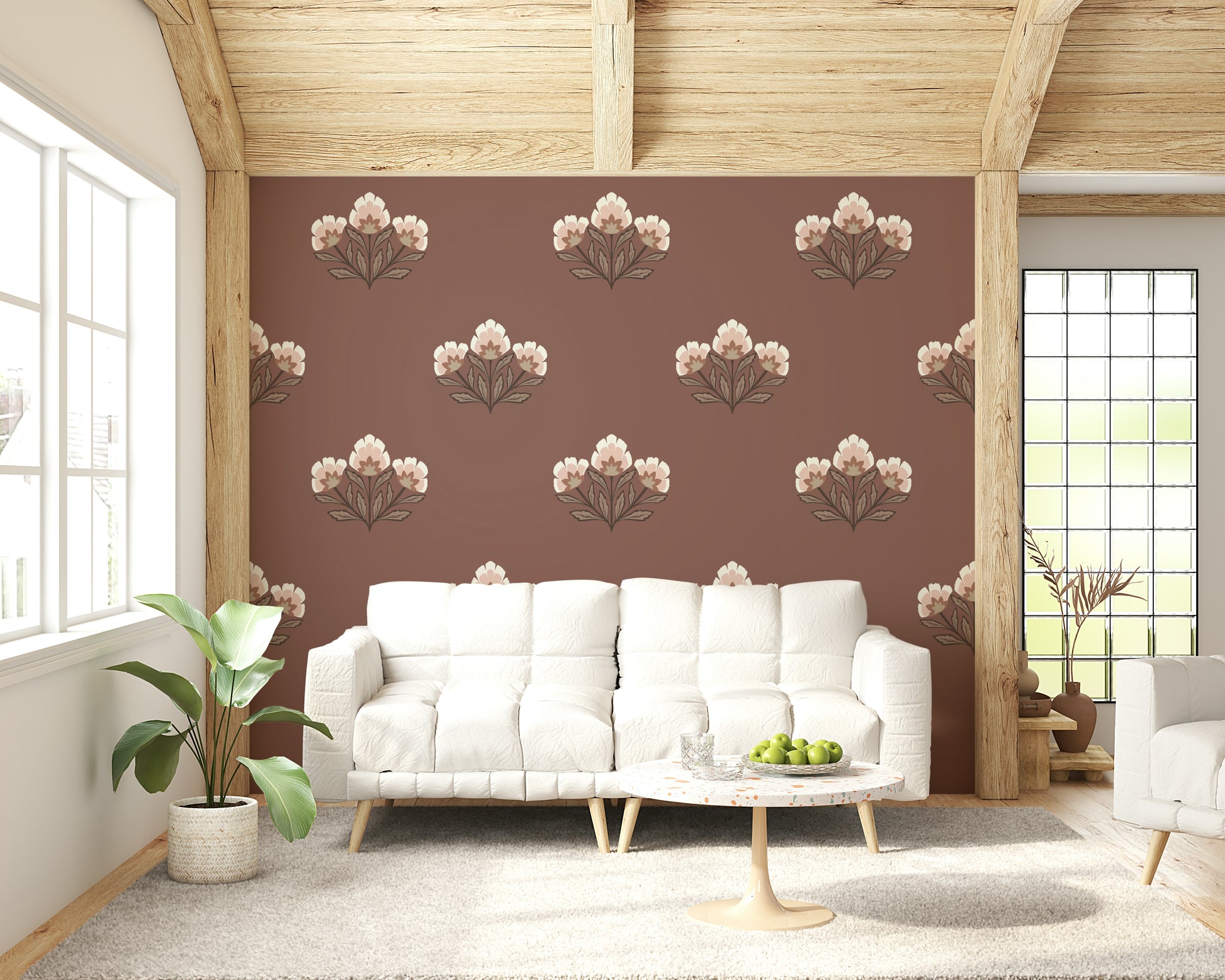 Blossom Earthy wall mural, stylish motif, subtle pink flower pattern.