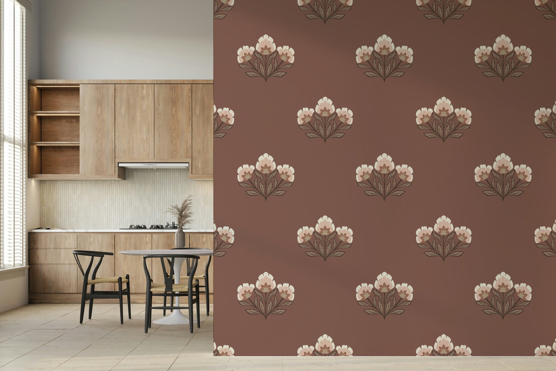 Classic Earthy wallpaper, subtle repeating flower, serene backdrop feel.