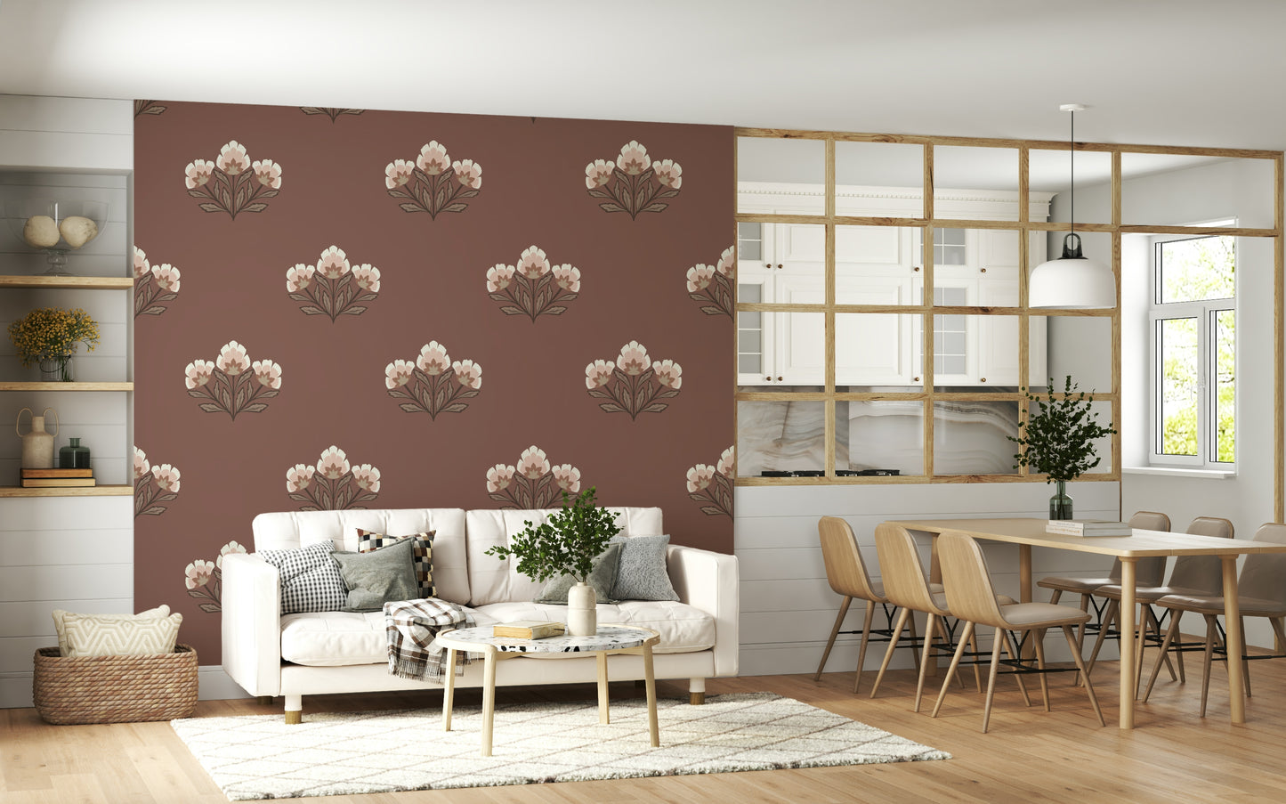 Blossom Cluster wall mural, sophisticated flower design, inviting ambiance.