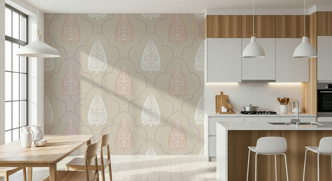Elegant Foliage wallpaper delicate leaf pattern blush mauve design.