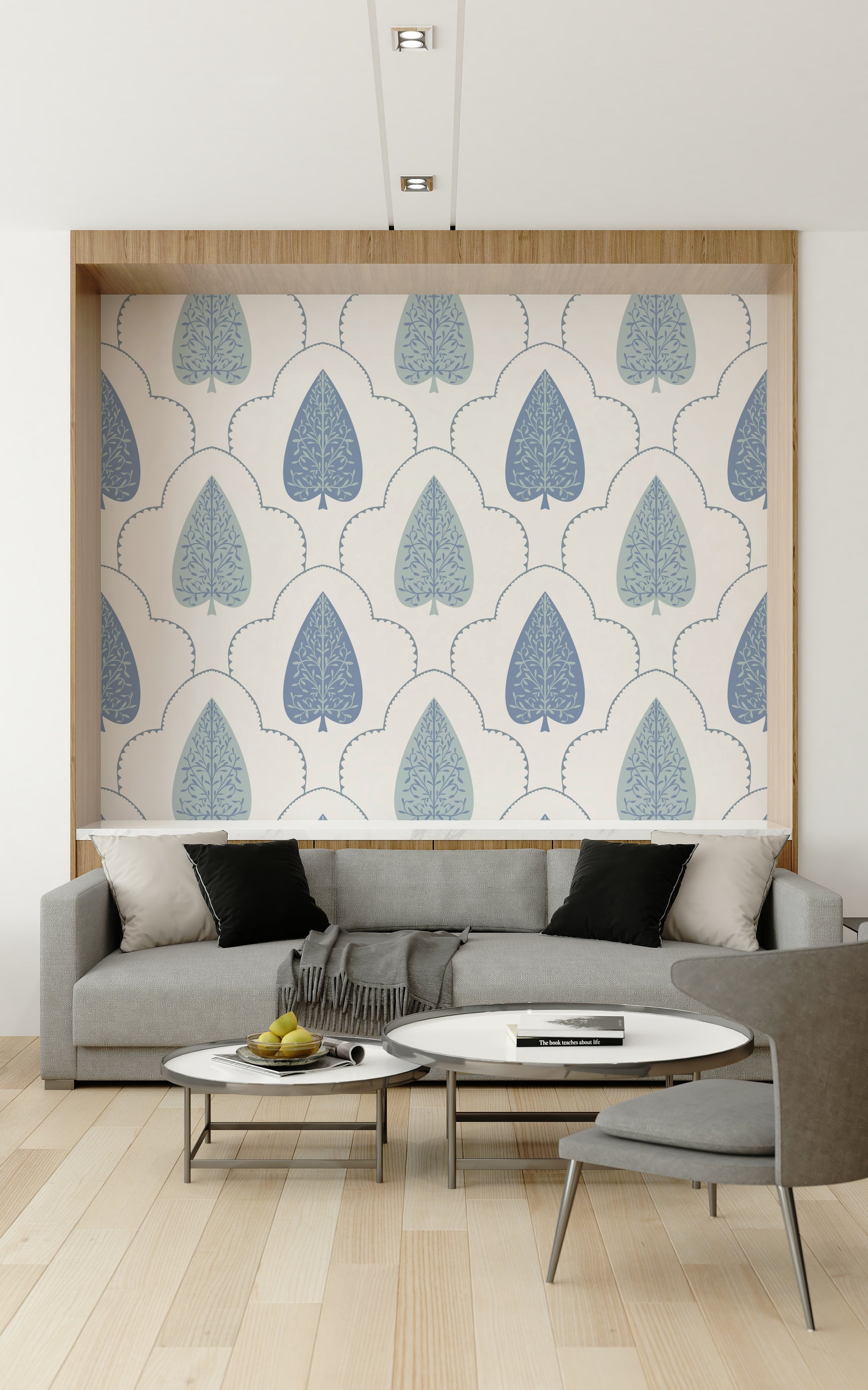 Artistic Blue Botanic Arbor mural wallpaper, clean white background.