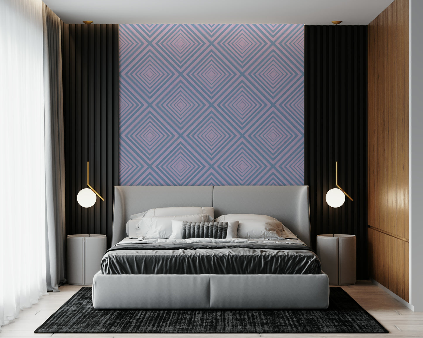 Abstract Linear Rhythm mural, striking intersecting line graphic.