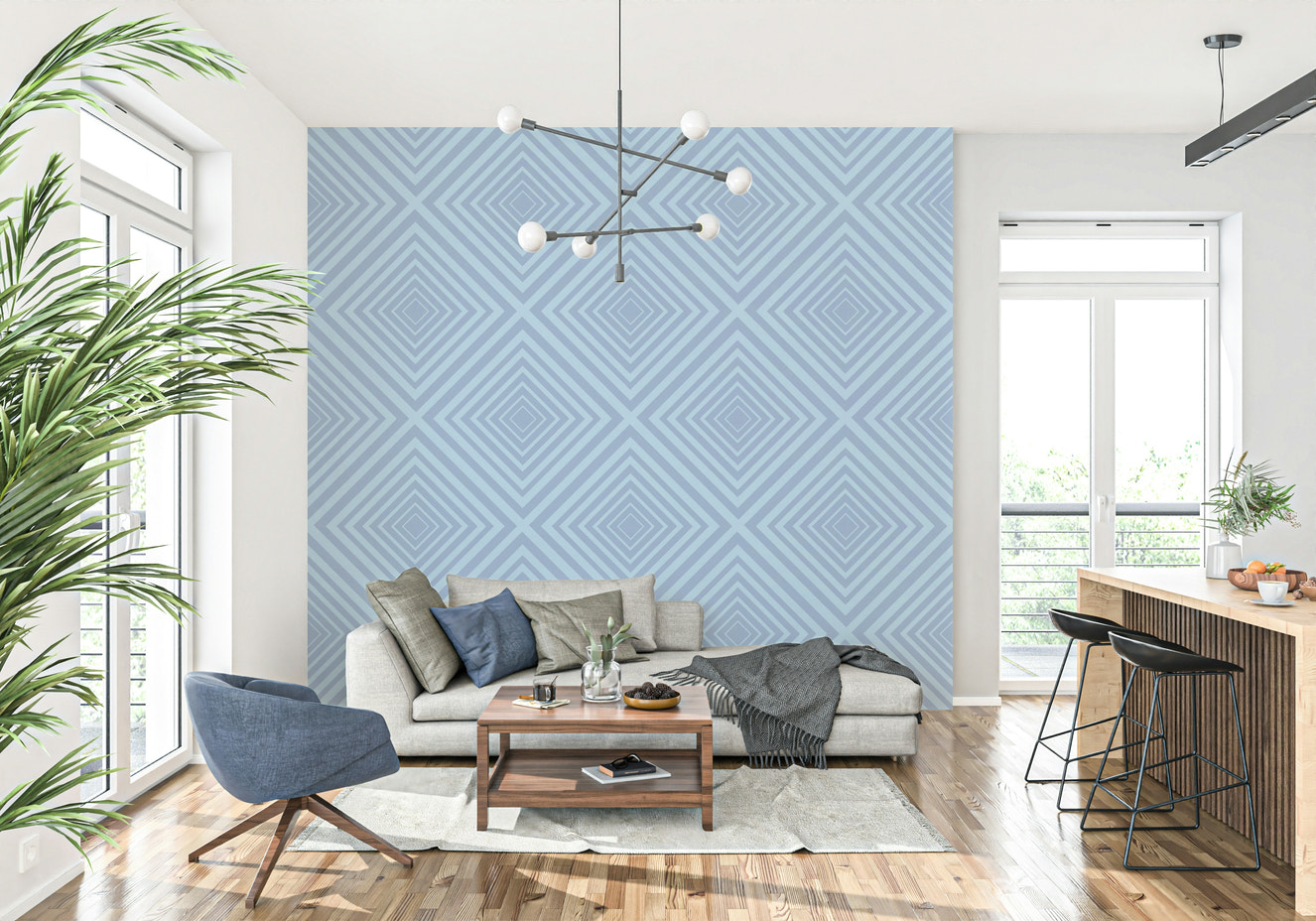 Azure angles wallpaper mural geometric design crisp pattern.
