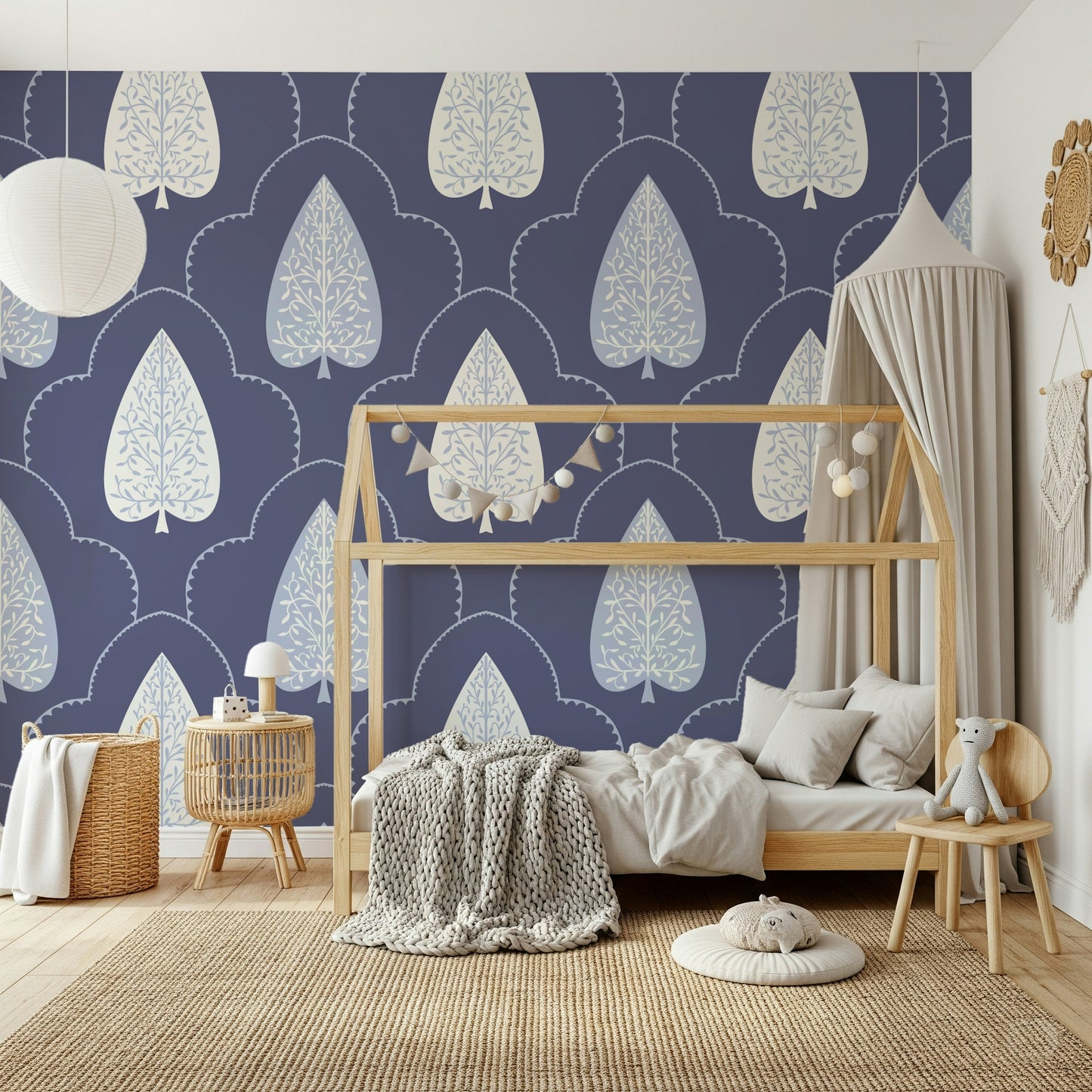 Feminine periwinkle filigree within Indigo Grove Botanical Echoes Wallpaper leaf.