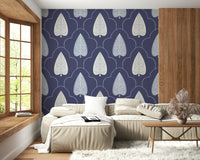 Geometric stylized leaf motif of Indigo Grove Botanical Echoes Wallpaper.