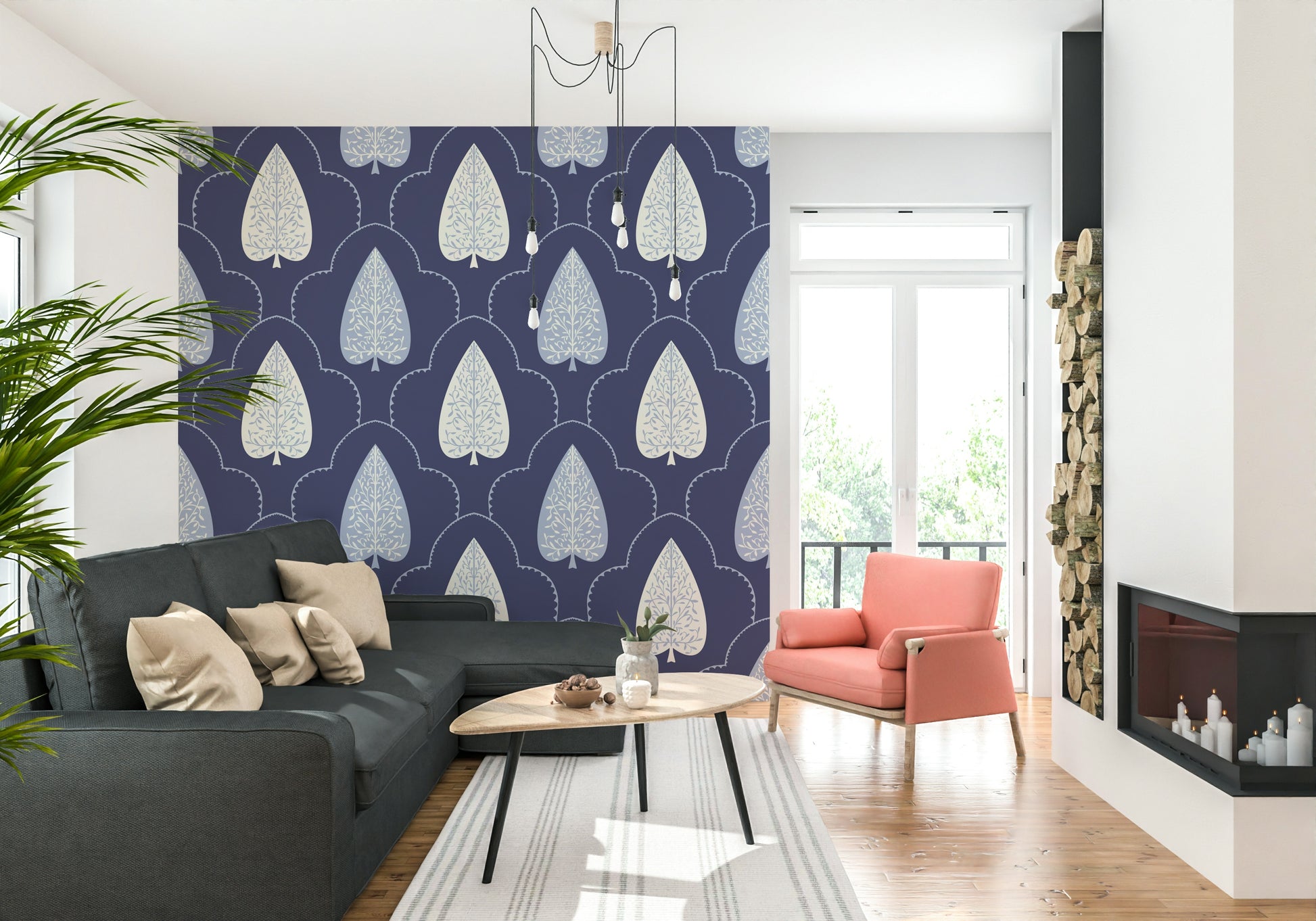 Abstract botanical repeat featured in Indigo Grove Botanical Echoes Wallpaper print.
