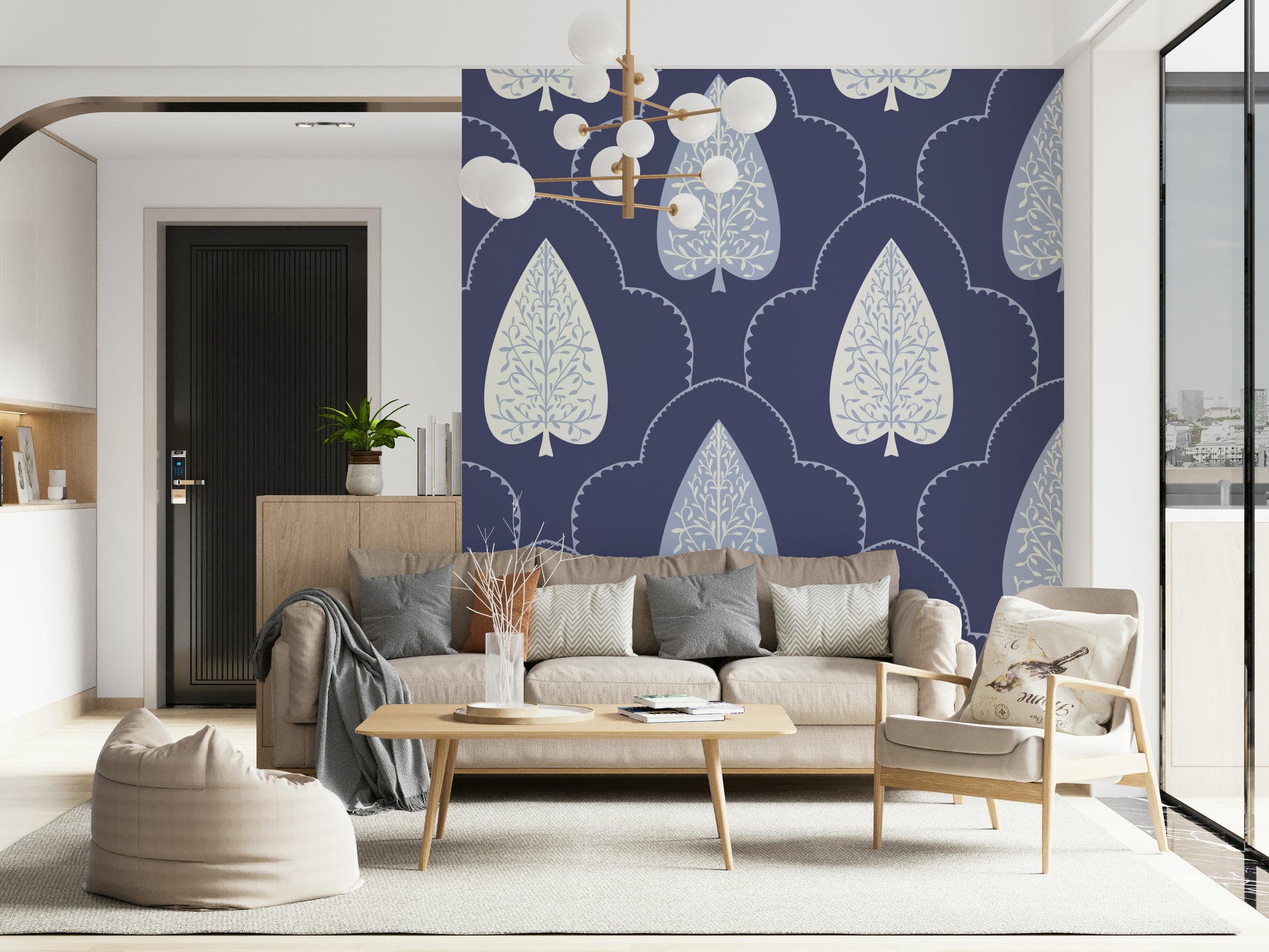 Symmetrical pattern gives rhythm to Indigo Grove Botanical Echoes Wallpaper mural.