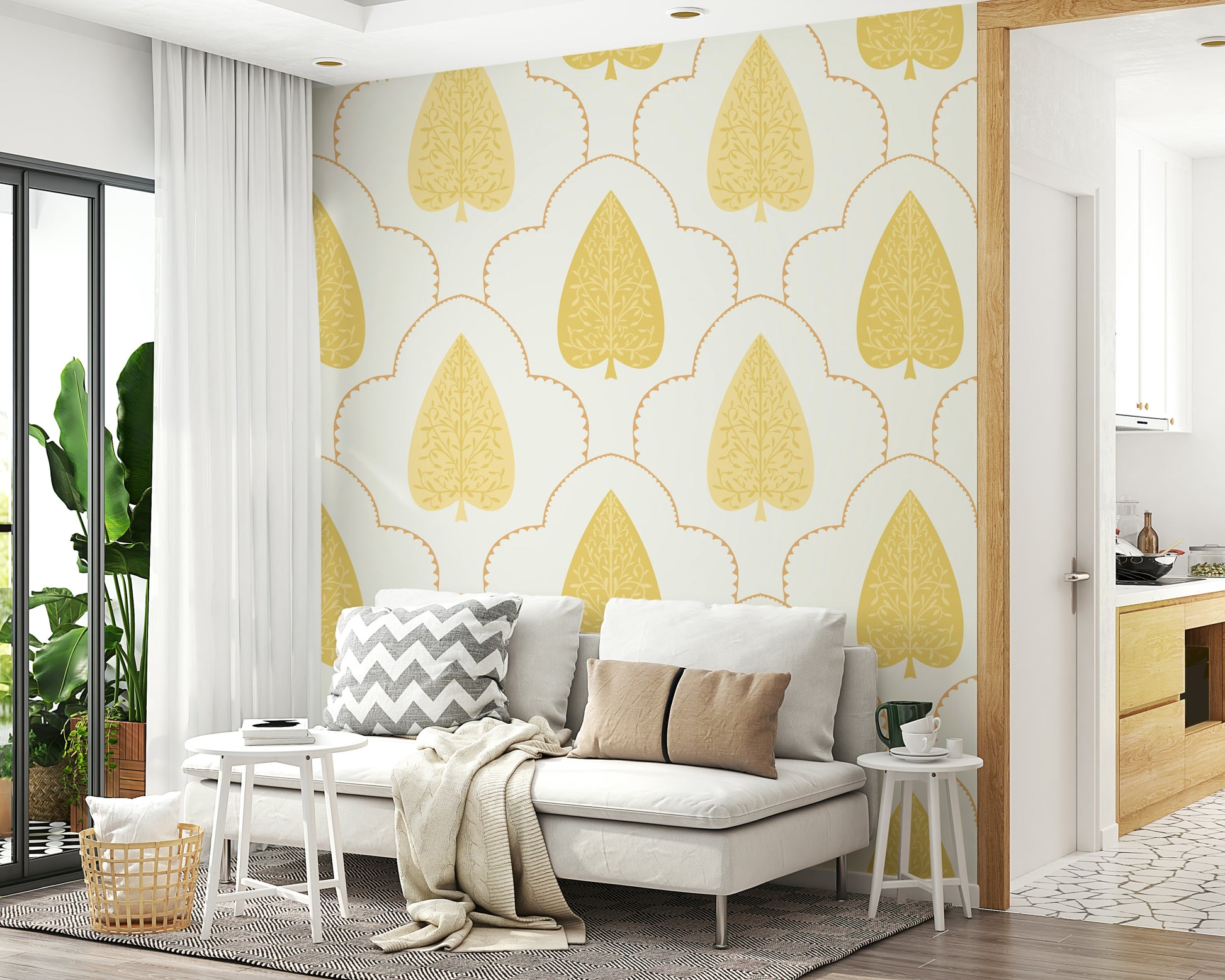 Curving scallop leaf wall mural, Golden Branch, upscale room enhancement.