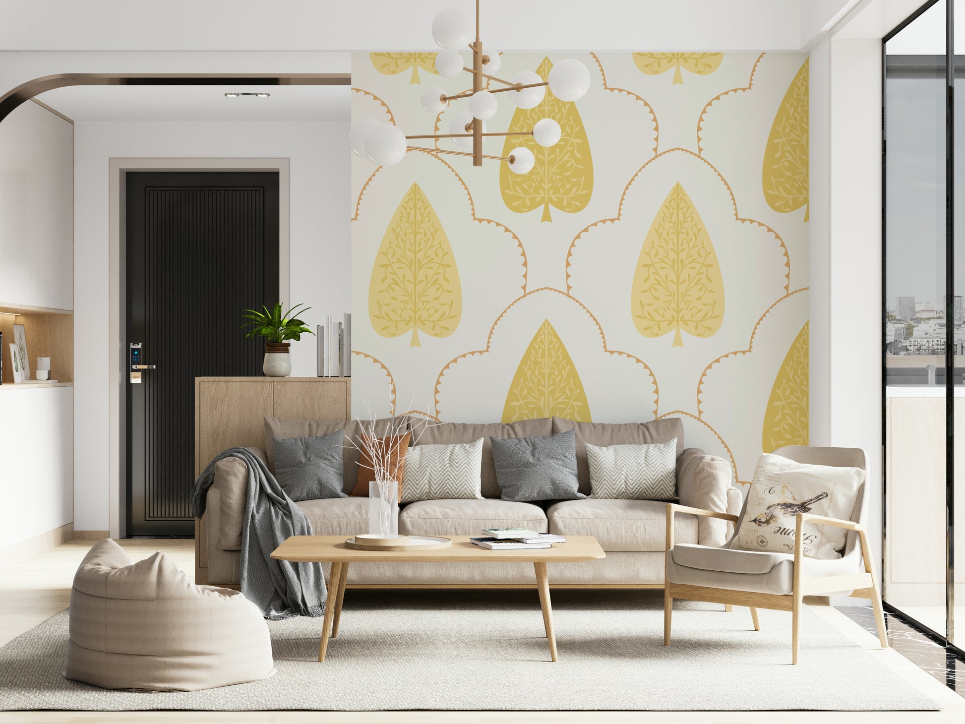 Formal yellow branch wallpaper, sophisticated repeating pattern, Golden Branch.