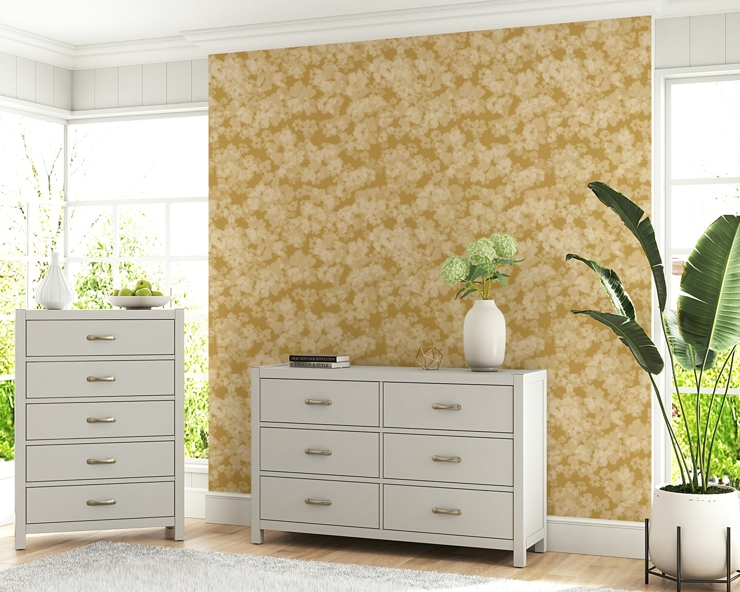 Gilded tone blossom wall mural, Golden Soft Blossom, rich textured design element.