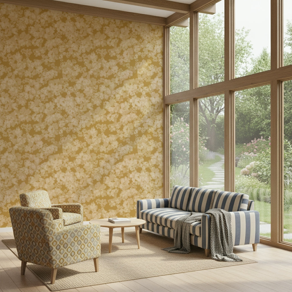 Bright honey flower motif wallpaper, luminous wall covering product, Golden Soft Blossom.