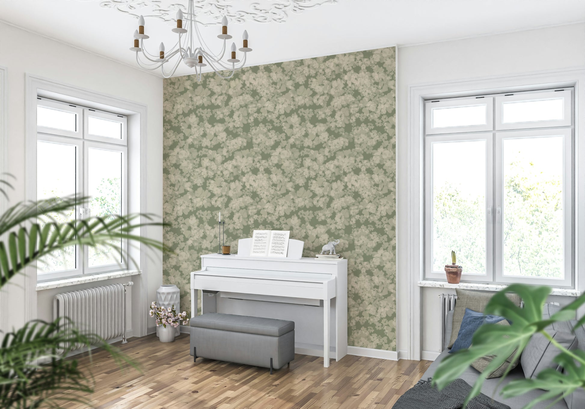 Soft floral pattern, impressionistic style, creamy white blossoms, calming interior.
