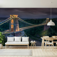 Wide perspective showing Clifton Suspension Bridge spanning Avon Gorge.