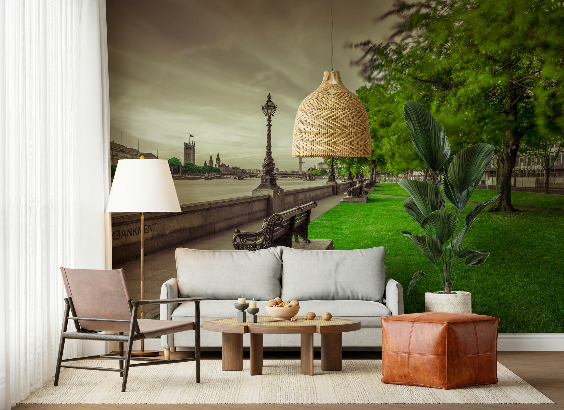 Wide perspective showing Restful Moments by the Thames waterfront walk.