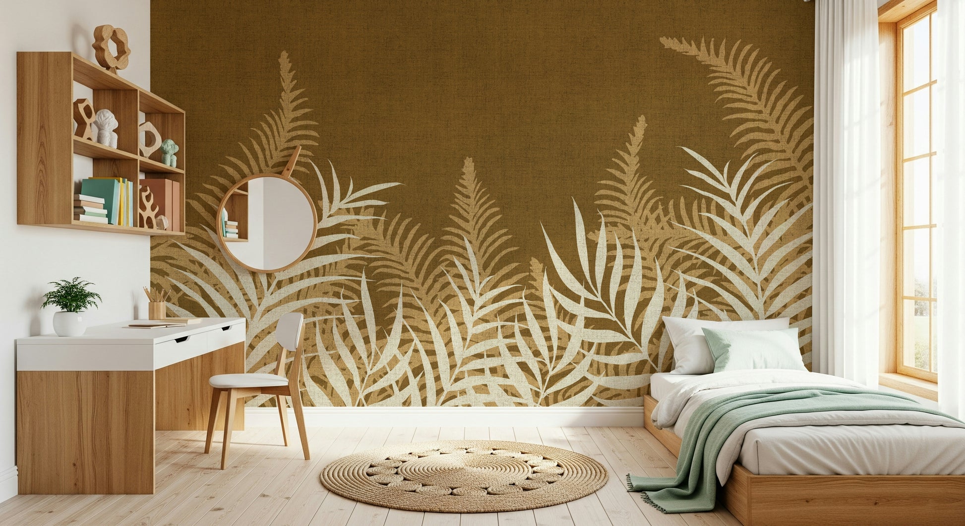 Opulent botanical print, cream leaves against a sepia backdrop.