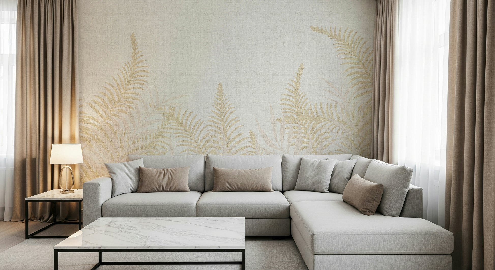 Into The Jungle wall mural, light colored botanical wallcovering.