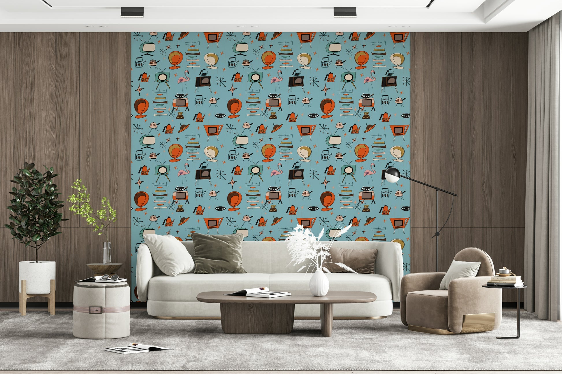 Illustrated Wallpaper for Walls, Atomic Retro Style, Teal Base.