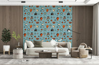 Illustrated Wallpaper for Walls, Atomic Retro Style, Teal Base.