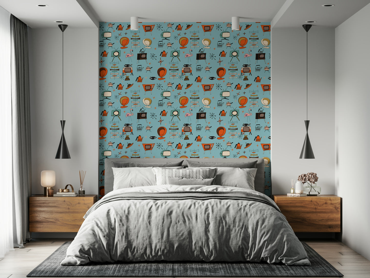 Vibrant Atomic Retro Design, Nostalgic Pop Culture Wallpaper.