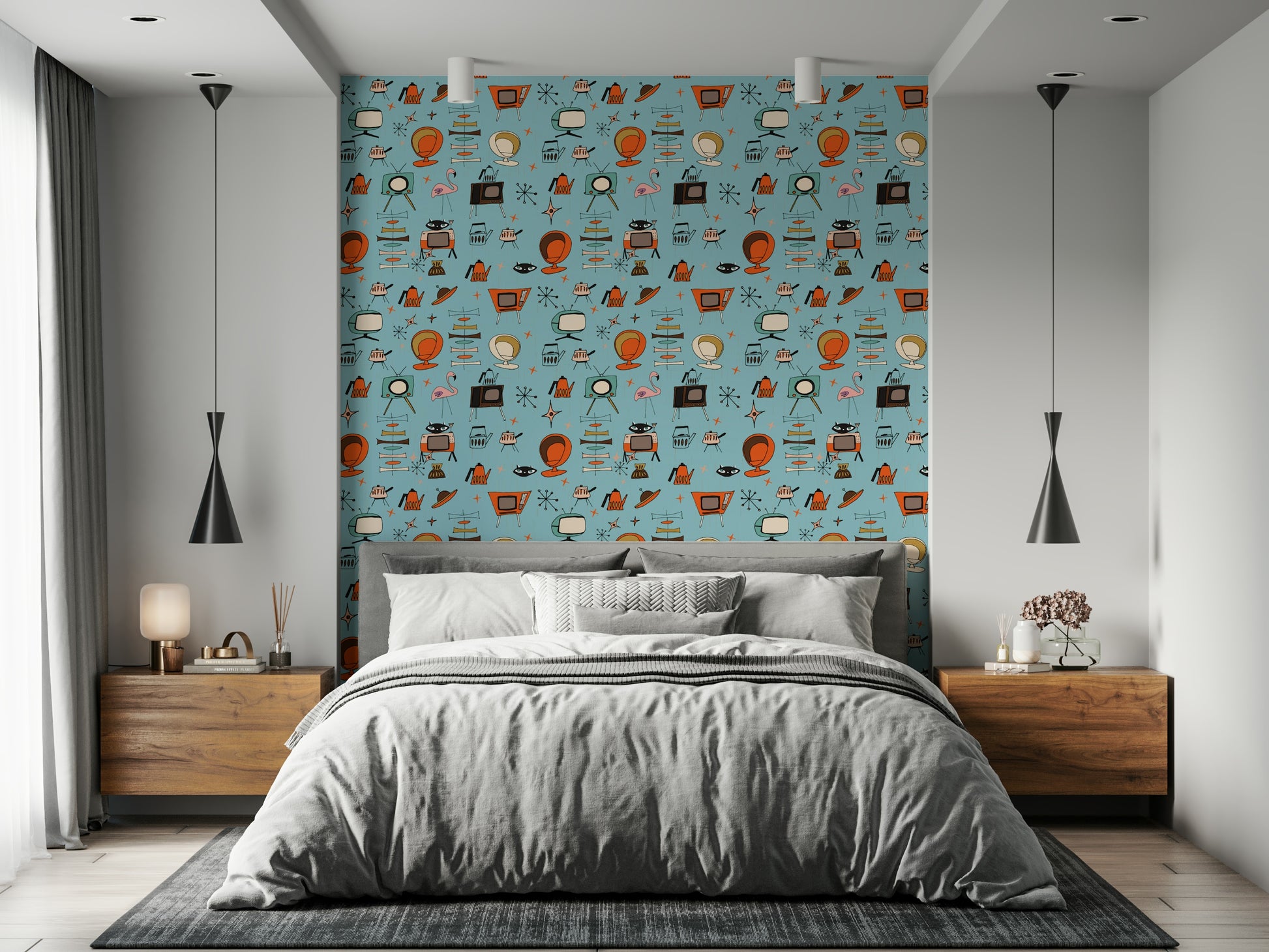 Vibrant Atomic Retro Design, Nostalgic Pop Culture Wallpaper.