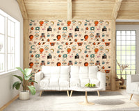 Teal TV Sets, Living Kitsch Beige Patterned Wall Mural Backdrop.
