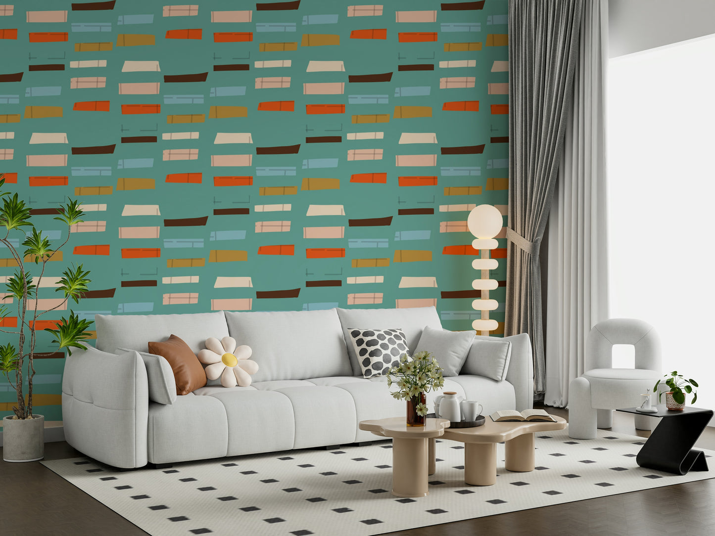 Mid-century abstract pattern, colored shapes, lively and original wall accent.