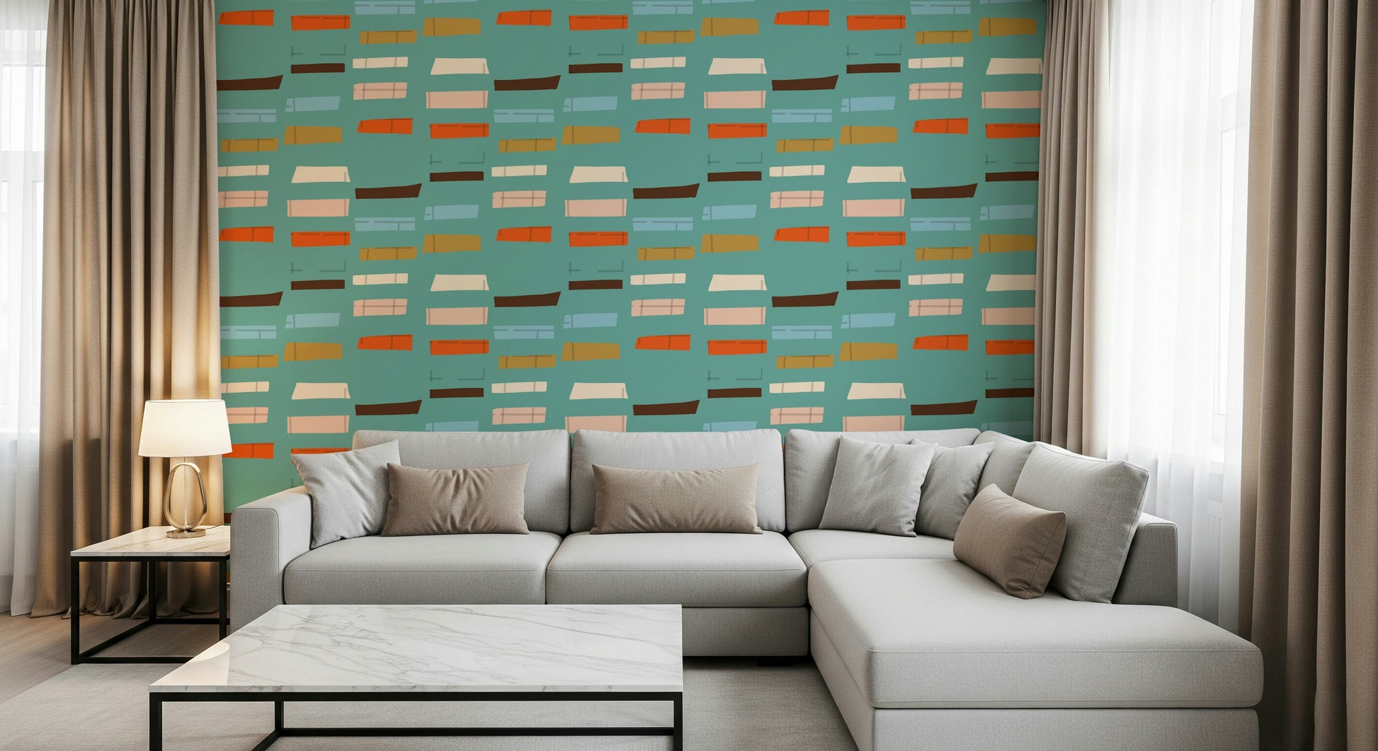 Retro blocks in blue, tan, burnt orange hues; wonderful graphic wall covering.