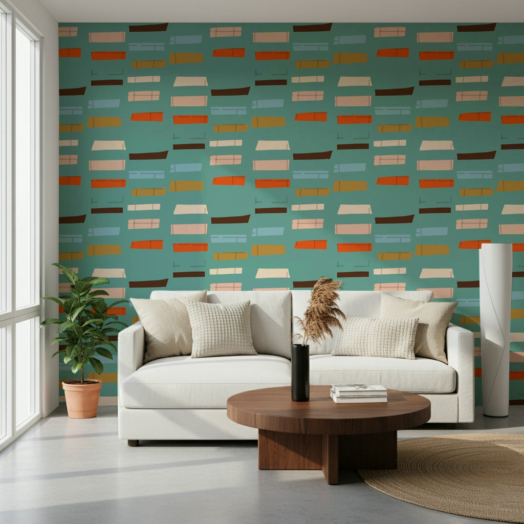 Vintage wall mural design with floating shapes on a bright aquamarine color.