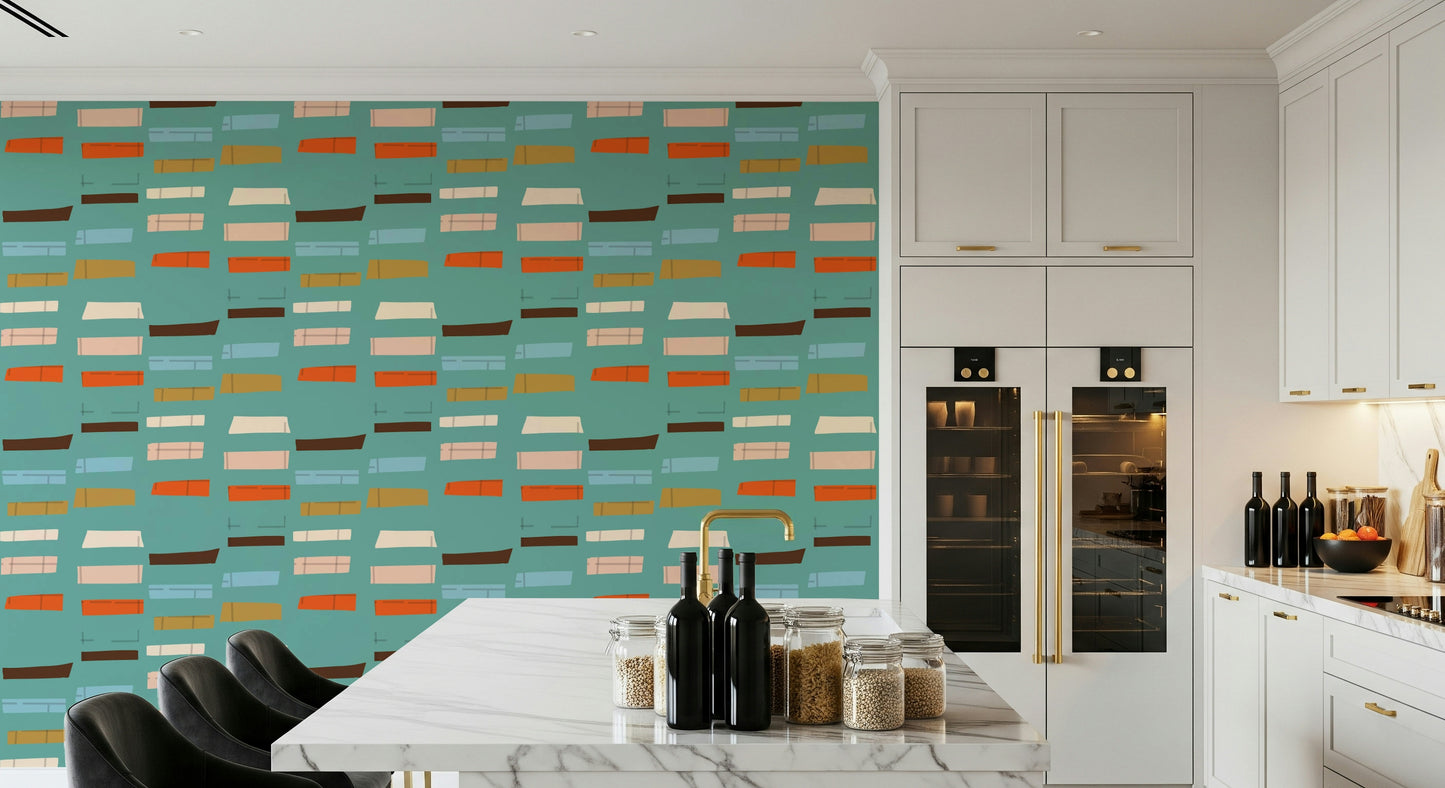 Graphic Mid Mod Stacked Blocks Blue print; makes an energetic statement.