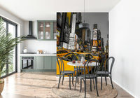 Striking gold-accented NYC cabs image; perfect statement piece wallpaper.