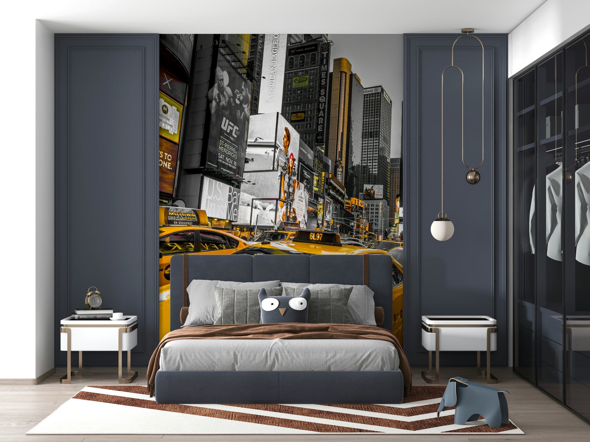 Golden rush of New York cabs flowing past glittering Times Square ads.