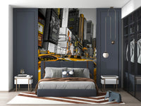 Golden rush of New York cabs flowing past glittering Times Square ads.