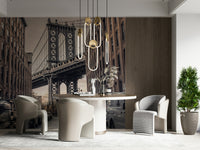 Industrial buildings flanking Bridge from Dumbo, textured brick wallpaper walls.