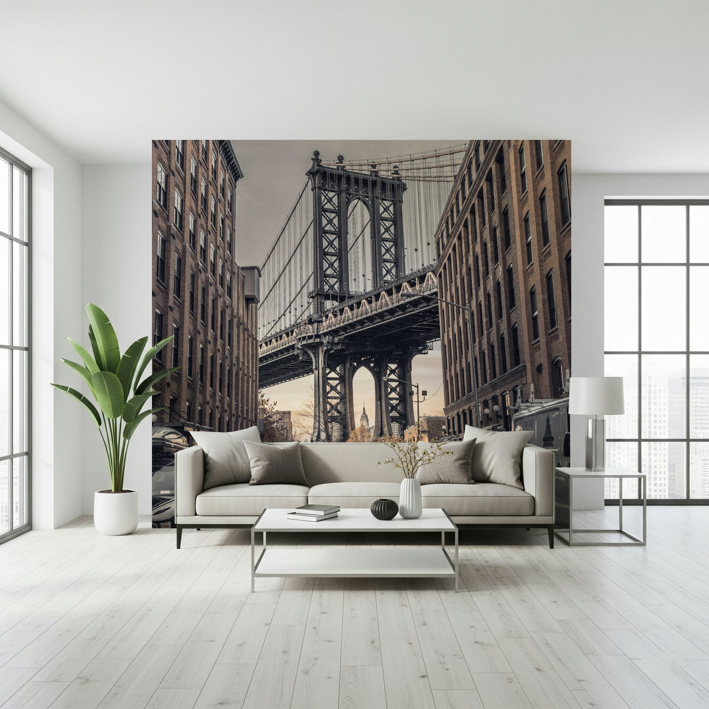Bridge from Dumbo view wall mural, cobblestone street, towering brick buildings.