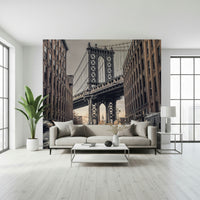Bridge from Dumbo view wall mural, cobblestone street, towering brick buildings.