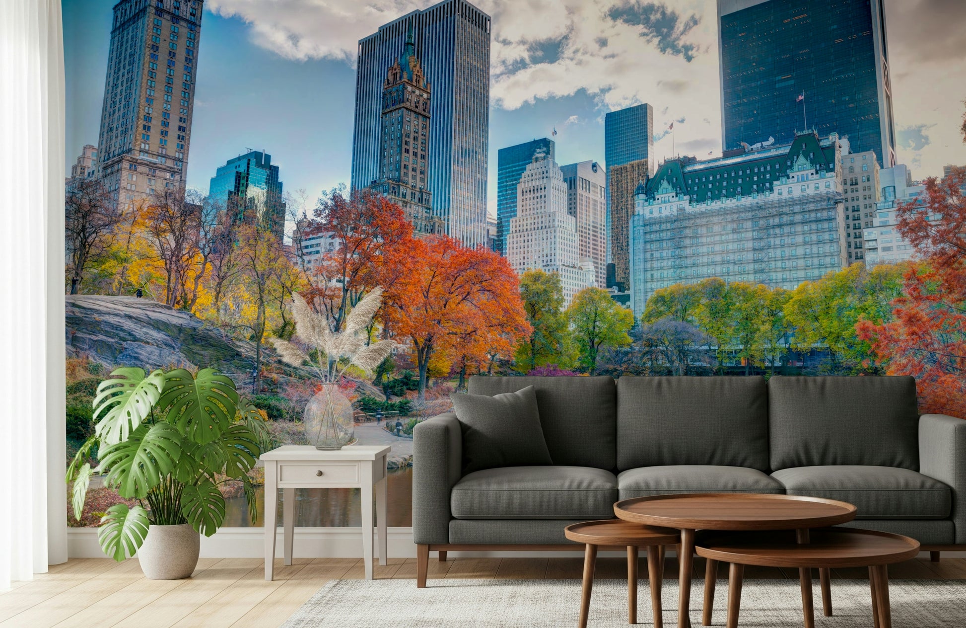 Autumn in the City wallcovering, brilliant seasonal tones over water reflection.